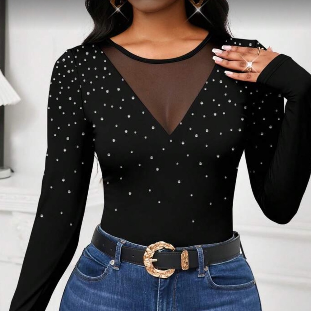 Elegant Black Dot Print Long Sleeve Top
